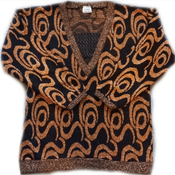 Vintage Sweaters - 80s 90s Black & Metallic Gold Swirl Sweater, Iconic Vintage Knit Style, Funky